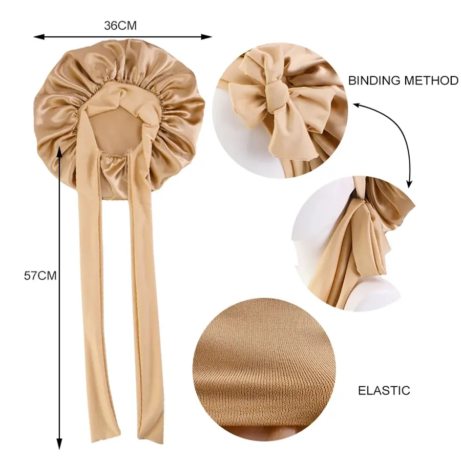 Women Satin Stretchy Tie Band Elastic Bonnet Solid Sleeping Hat Night Shower Cap Adjustable Hair Head Cover Bonnet for Women