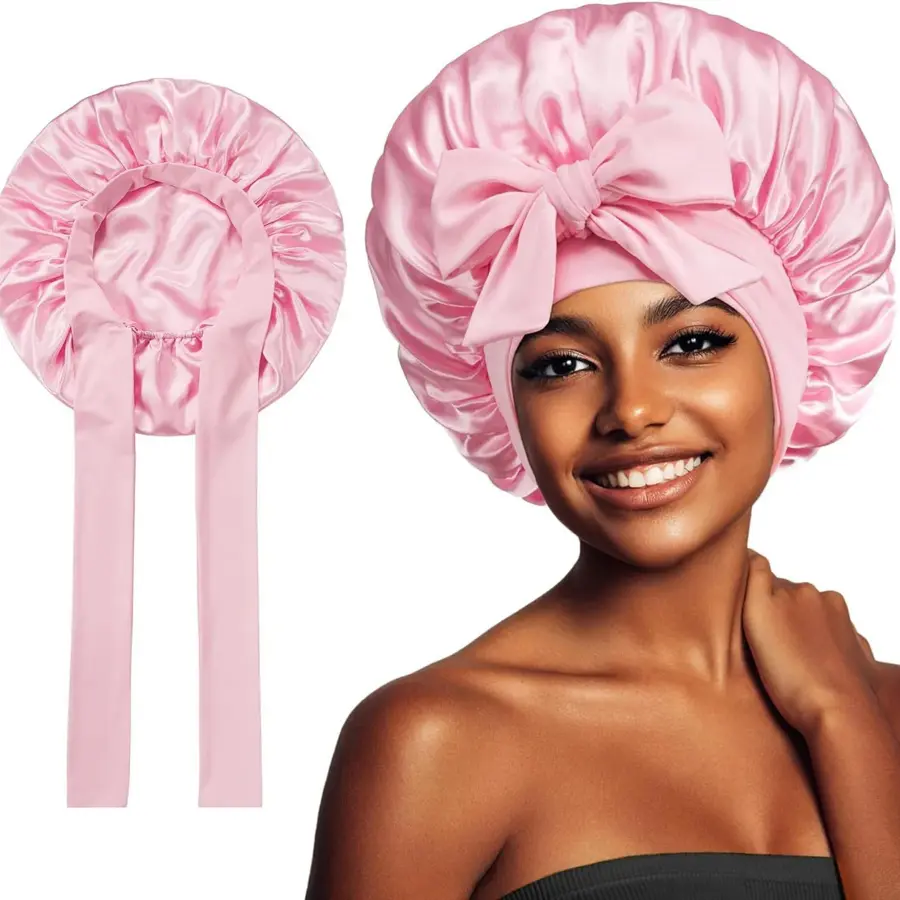 Women Satin Stretchy Tie Band Elastic Bonnet Solid Sleeping Hat Night Shower Cap Adjustable Hair Head Cover Bonnet for Women