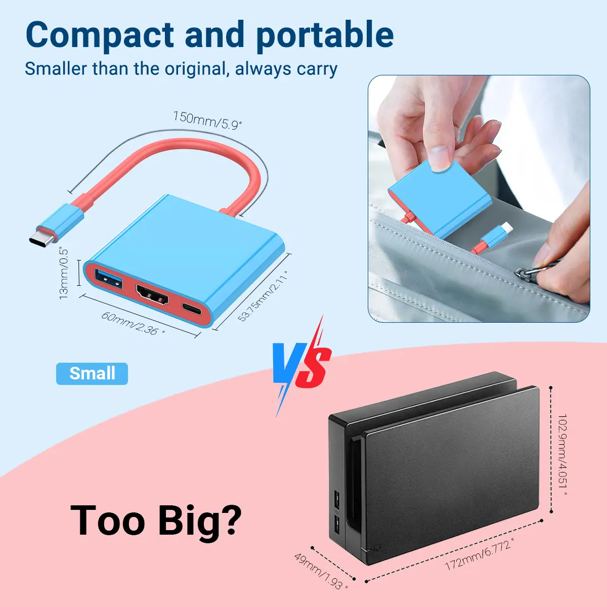 Game Dock 4K HDMI USB 3.0 Hub Adapter USB C Splitter TV Portable Docking Station for Laptops PC iPad MacBook Air Pro