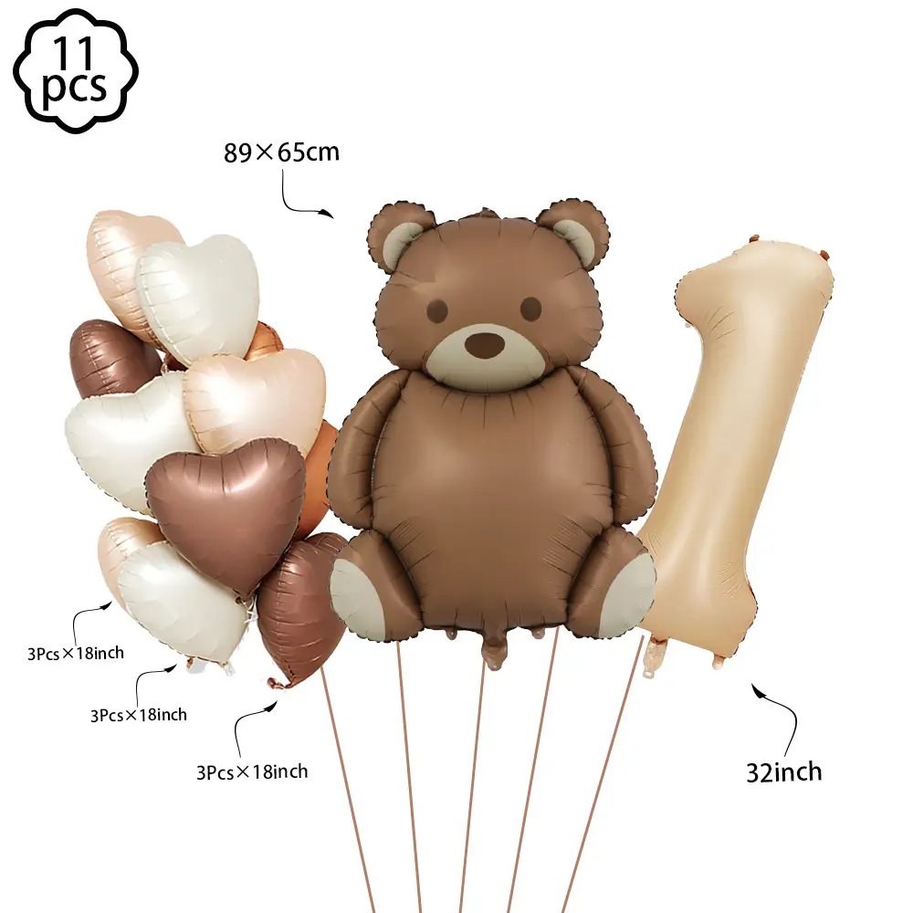Coffee Brown Teddy Bear Balloon Number Heart Balloon set kid Birthday Party Decoration Baby Shower wedding Valentine's Day decor