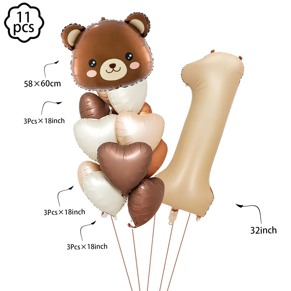 Coffee Brown Teddy Bear Balloon Number Heart Balloon set kid Birthday Party Decoration Baby Shower wedding Valentine's Day decor