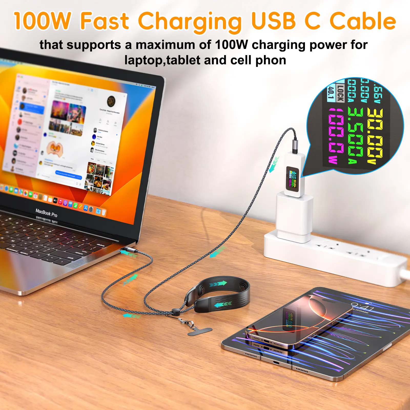 Fonken Intelligent neck massage device with wire control patch, 100W Fast Charging USB C Cable For iPhone 16/15 pro /iPad