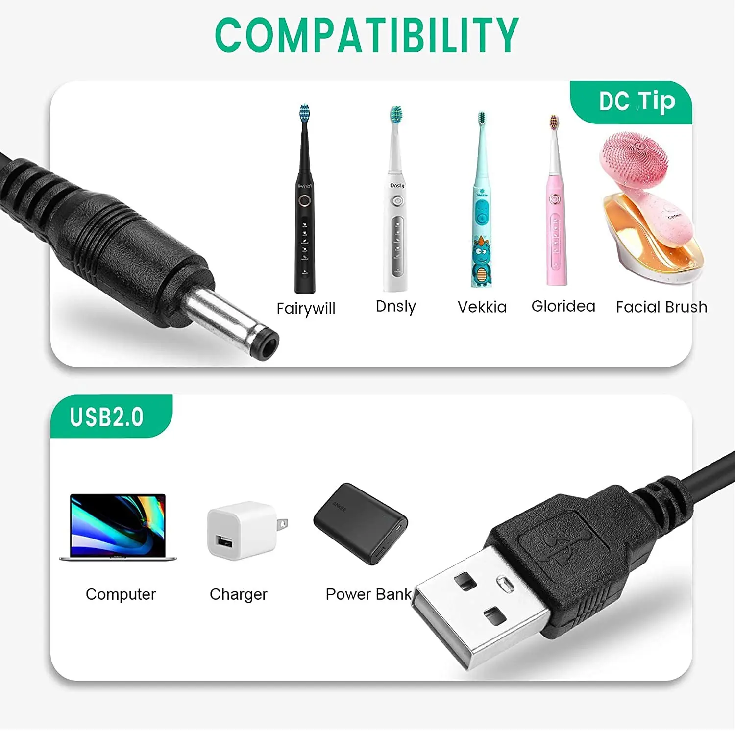 Electric Toothbrush Charger Cable Replacement for Fairywill FW-507/508/917/D1/D3/D7/D8/E6/E10/E11/2011/2001/P10/P11/T9/B1/K5 KID