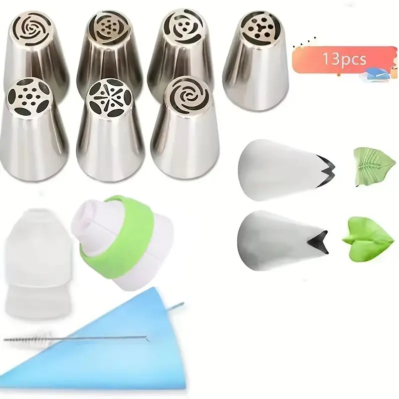 13pcs Stainless Steel Piping Nozzle Bags Set, DIY Baking Tools with 3D Flower Nozzles,TPU Bags- Professional Cake Decorating Kit