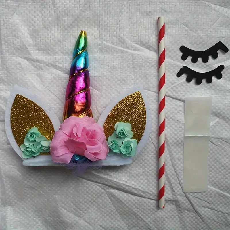 Unicorn Cake Topper,Handmade Party Cake Decoration Supplies with Eyelashes and stack,Reuasble Golden Horn for Birthday Party