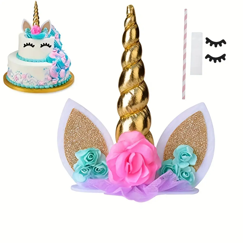 Unicorn Cake Topper,Handmade Party Cake Decoration Supplies with Eyelashes and stack,Reuasble Golden Horn for Birthday Party