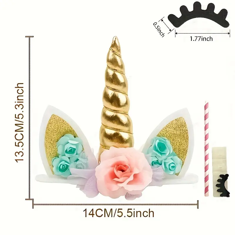 Unicorn Cake Topper,Handmade Party Cake Decoration Supplies with Eyelashes and stack,Reuasble Golden Horn for Birthday Party