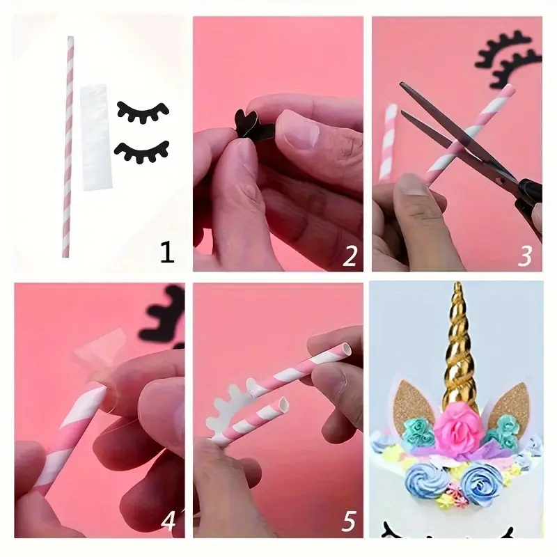 Unicorn Cake Topper,Handmade Party Cake Decoration Supplies with Eyelashes and stack,Reuasble Golden Horn for Birthday Party