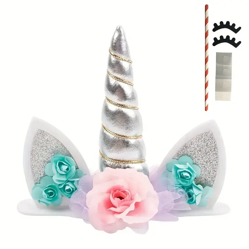 Unicorn Cake Topper,Handmade Party Cake Decoration Supplies with Eyelashes and stack,Reuasble Golden Horn for Birthday Party