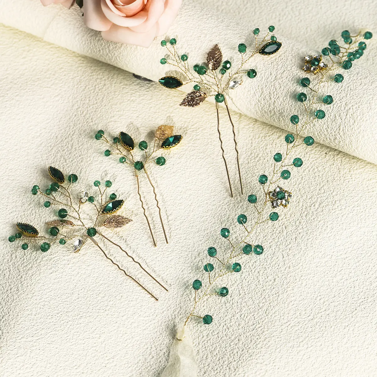 4pc Green Crystal Hair Pin and Hairband Set Luxury Rhinestone Blade Hair Clip Headpiece For Women Party Hair Accessories
