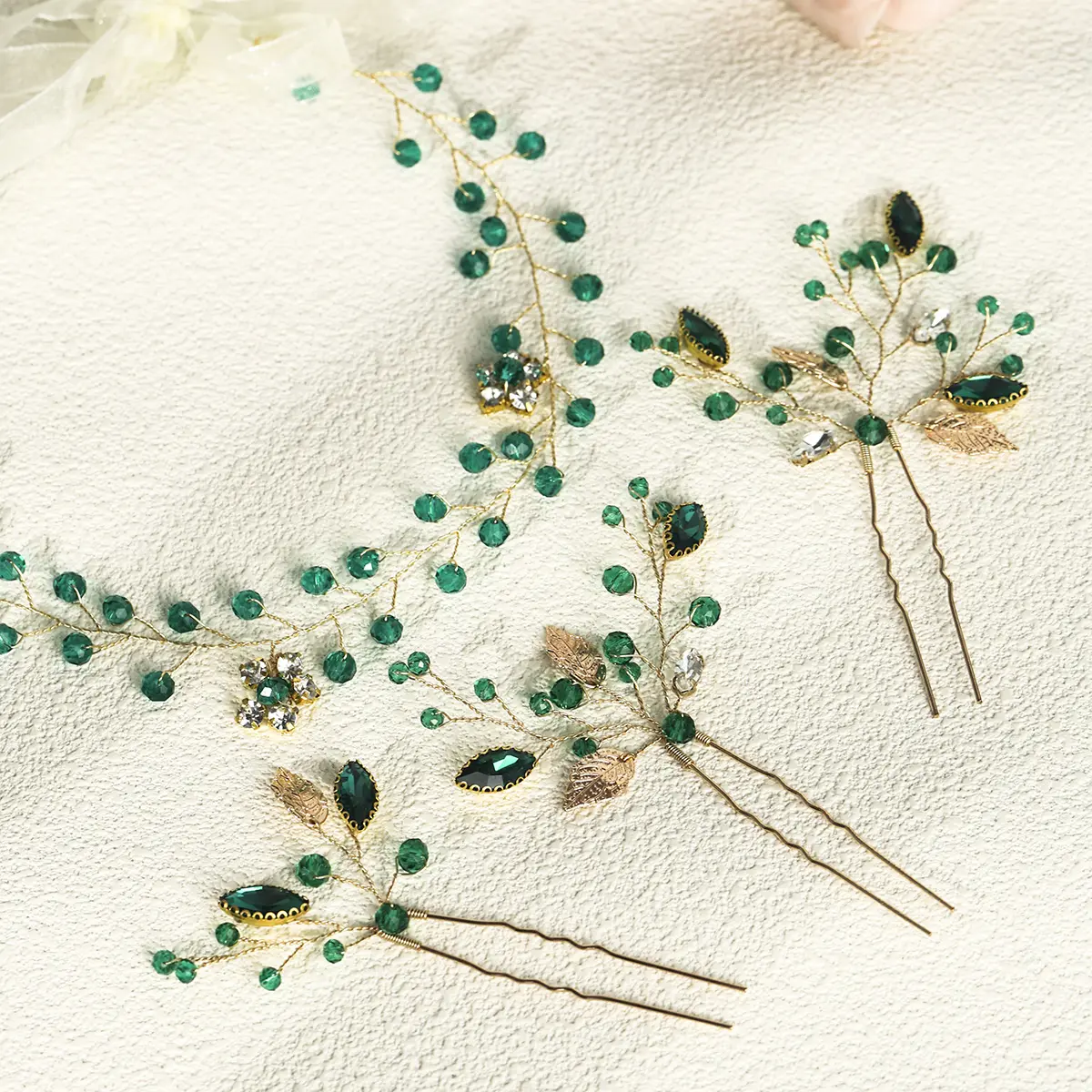 4pc Green Crystal Hair Pin and Hairband Set Luxury Rhinestone Blade Hair Clip Headpiece For Women Party Hair Accessories