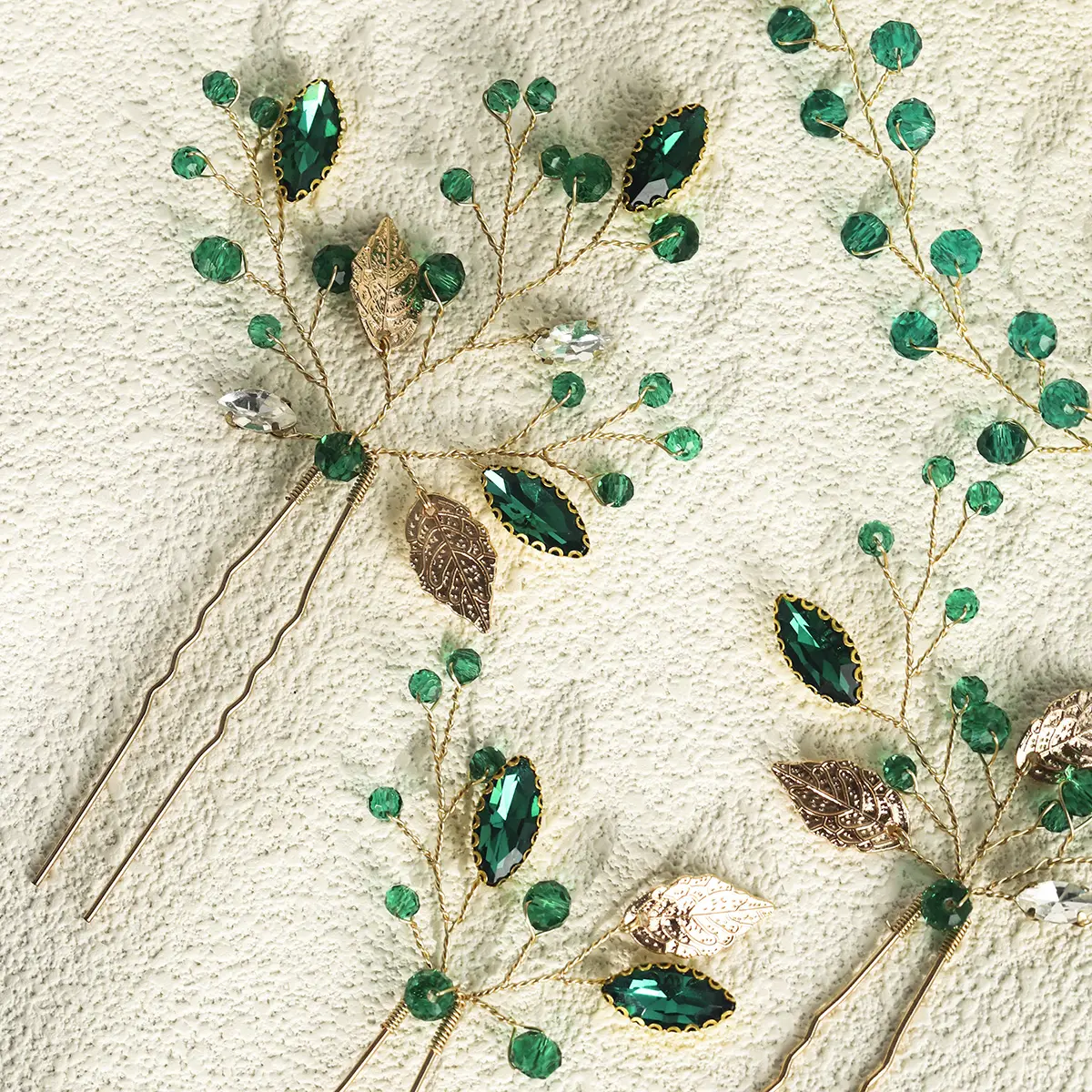4pc Green Crystal Hair Pin and Hairband Set Luxury Rhinestone Blade Hair Clip Headpiece For Women Party Hair Accessories