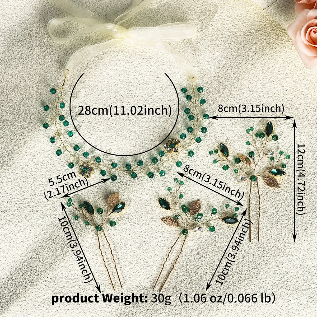 4pc Green Crystal Hair Pin and Hairband Set Luxury Rhinestone Blade Hair Clip Headpiece For Women Party Hair Accessories