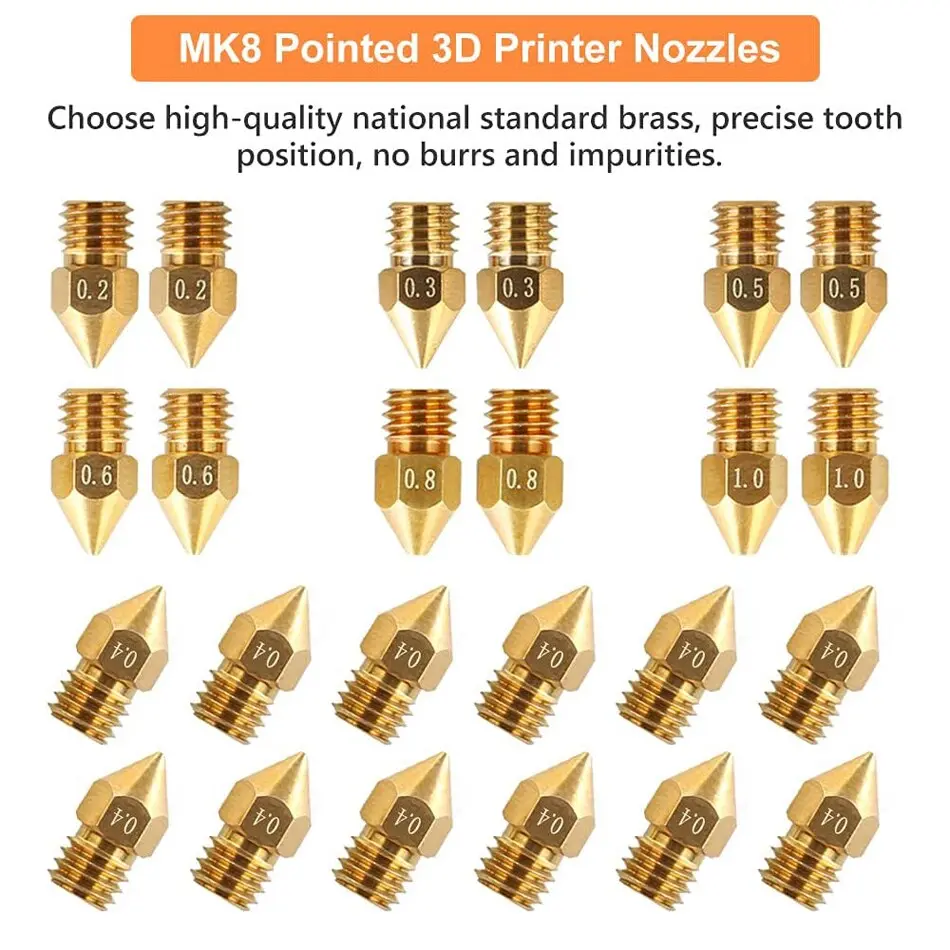24pcs MK8 Ender 3 Nozzles 3D Printer Brass Nozzles Extruder for Ender 3 CR-10 0.2/0.3/0.4/0.5/0.6/0.8/1.0mm Printer Nozzle