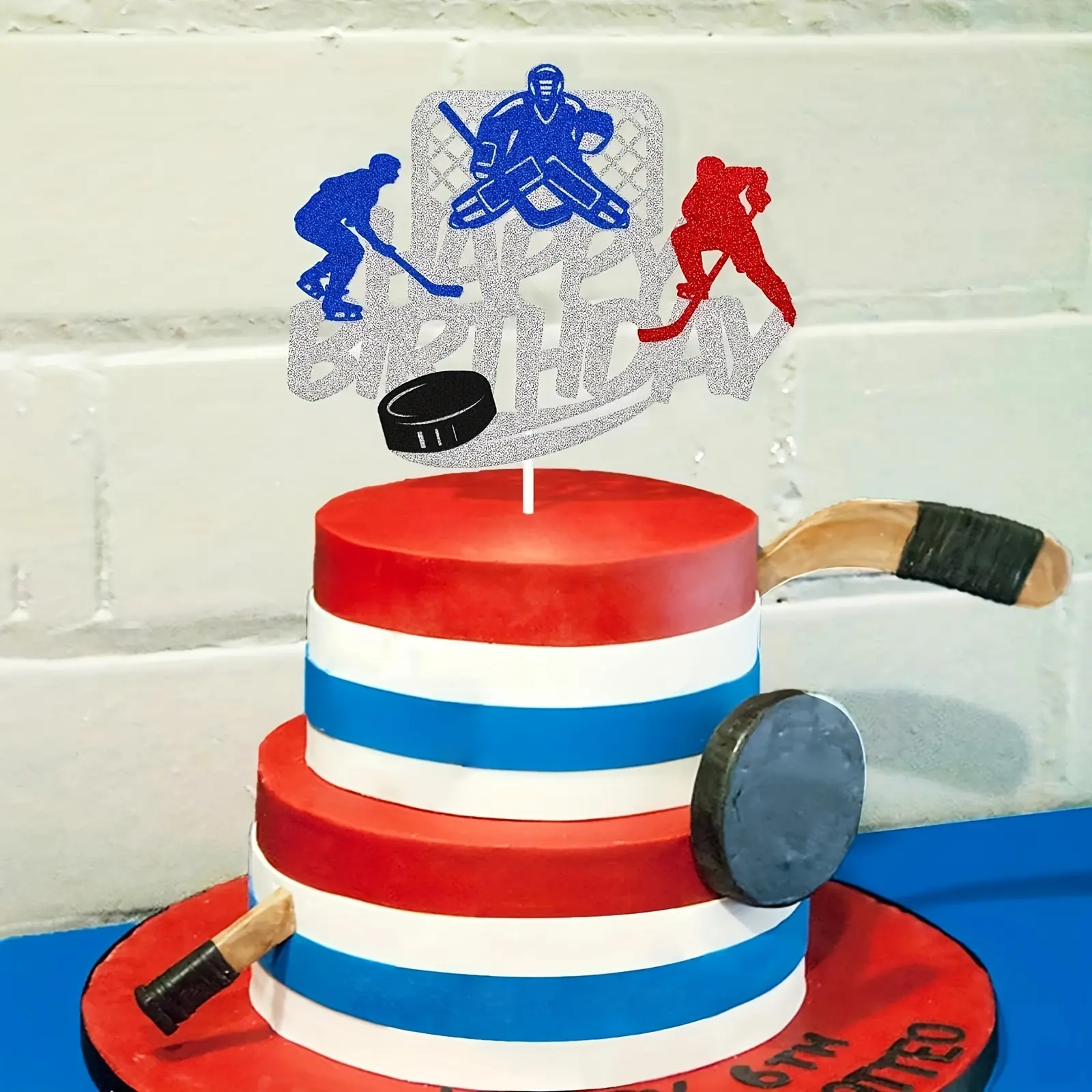 1PC Ice Hockey Cake Topper Happy Birthday Cupcake Decorations for  Man Women Sliver Glitter Double Sided Print