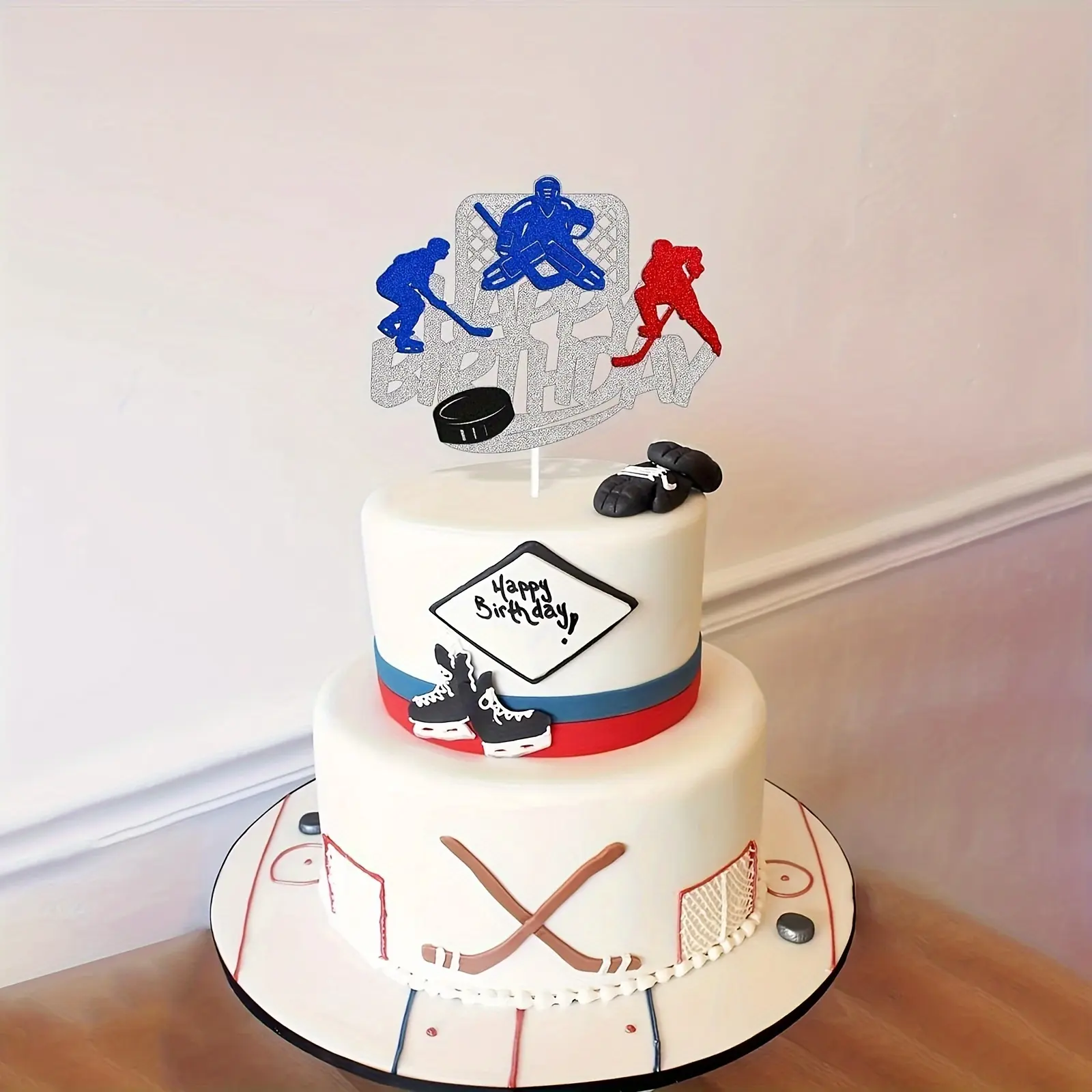 1PC Ice Hockey Cake Topper Happy Birthday Cupcake Decorations for  Man Women Sliver Glitter Double Sided Print