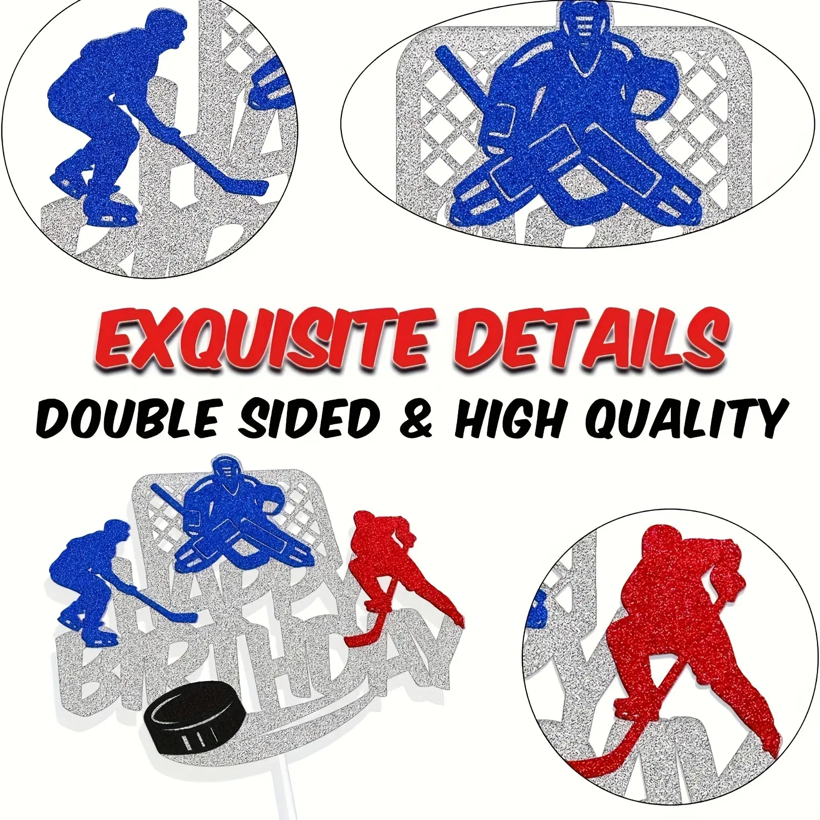 1PC Ice Hockey Cake Topper Happy Birthday Cupcake Decorations for  Man Women Sliver Glitter Double Sided Print