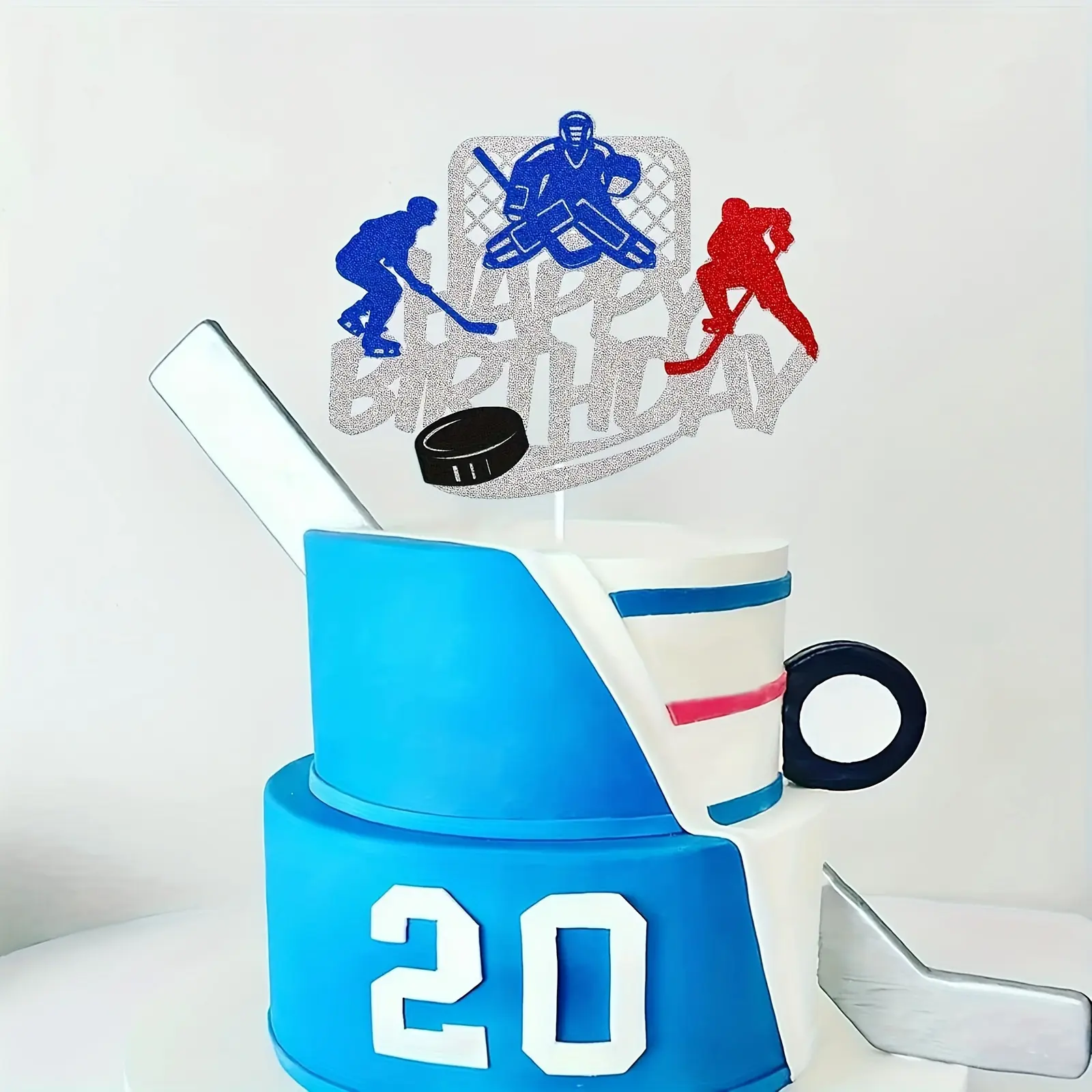 1PC Ice Hockey Cake Topper Happy Birthday Cupcake Decorations for  Man Women Sliver Glitter Double Sided Print