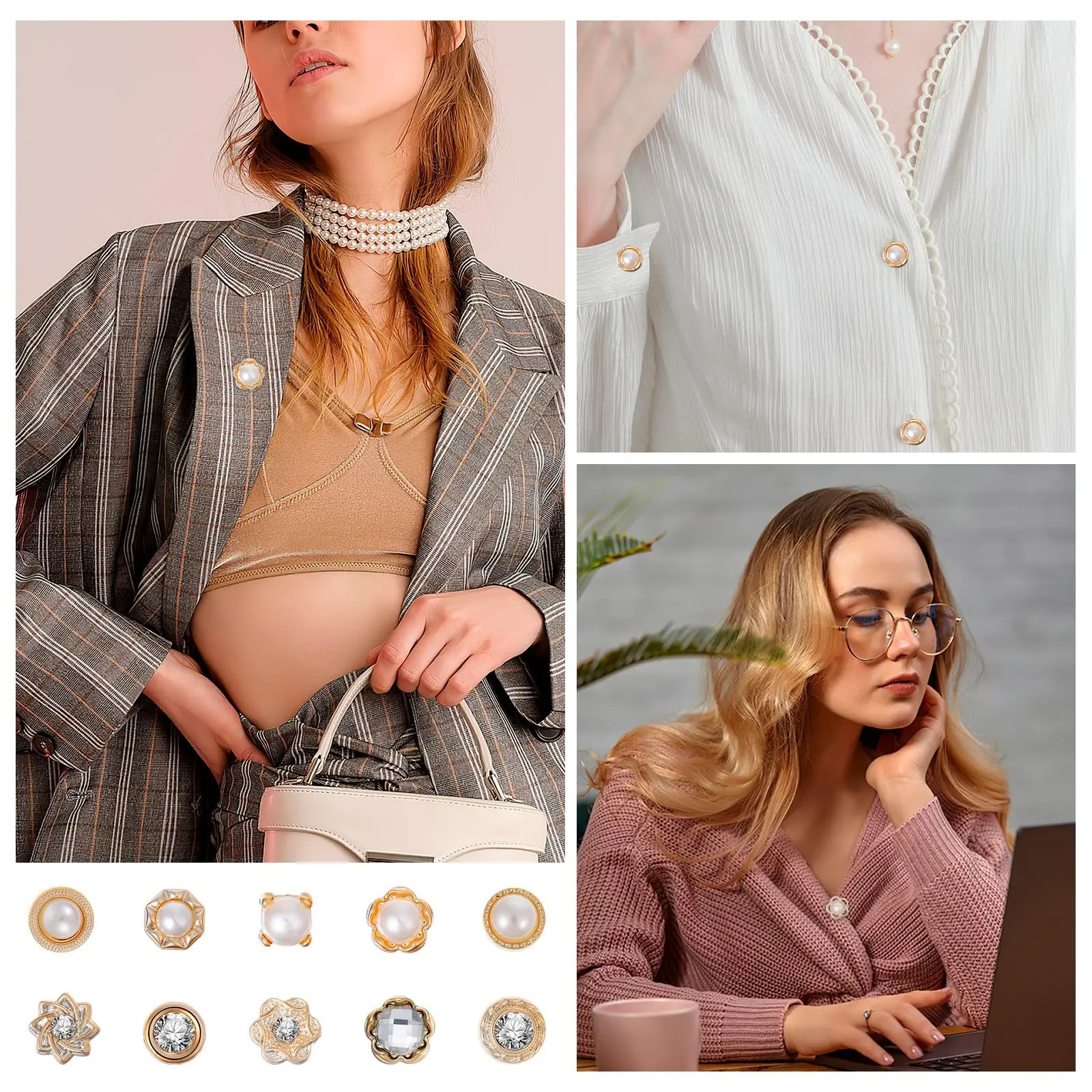 10pcs No-Sew Pearl Rhinestone Button Pins for Women, Decorative Safety Button Covers for Clothes, Hats, Bags, Shawls