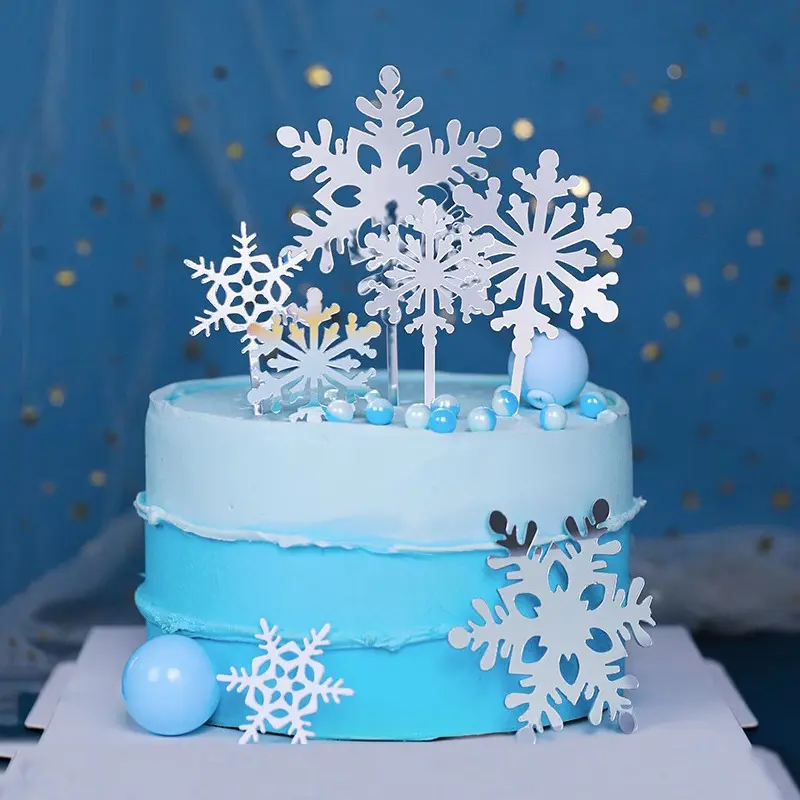 8pcs Ice And Snow Theme Merry Christmas Party Cake Topper White Snowflake Acrylic Happy Birthday Cake Top Christmas Party Decor