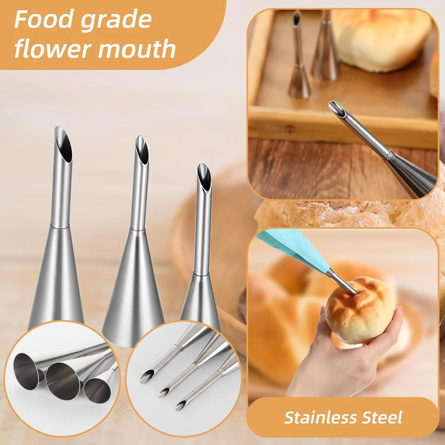 4Pcs Puff Pastry Piping Nozzle Set, Stainless Steel Decorating Tips for Cake Cupcake Cookie Cream Icing, Baking Tools for  Baker