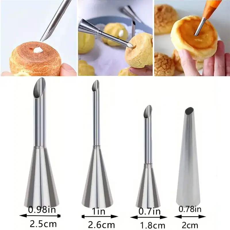 4Pcs Puff Pastry Piping Nozzle Set, Stainless Steel Decorating Tips for Cake Cupcake Cookie Cream Icing, Baking Tools for  Baker