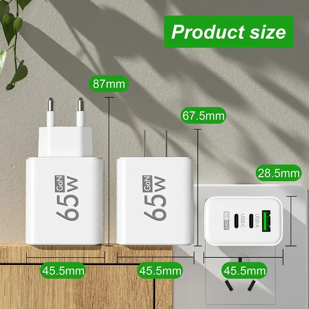 65W GaN Fast Charging Charger USB PD Type-C Multi-Port Mobile Phone Adapter for iPhone 15 pro Max Samsung Xiaomi Huawei