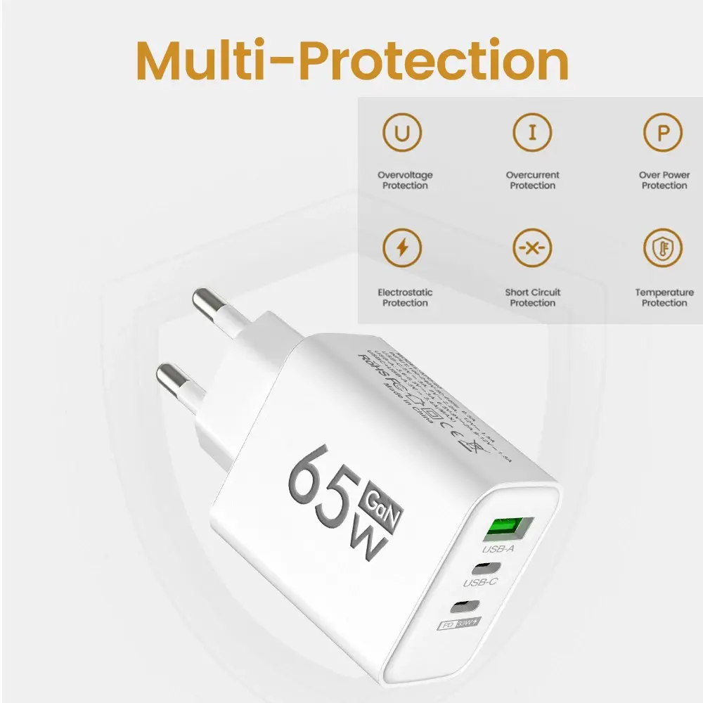 65W GaN Fast Charging Charger USB PD Type-C Multi-Port Mobile Phone Adapter for iPhone 15 pro Max Samsung Xiaomi Huawei