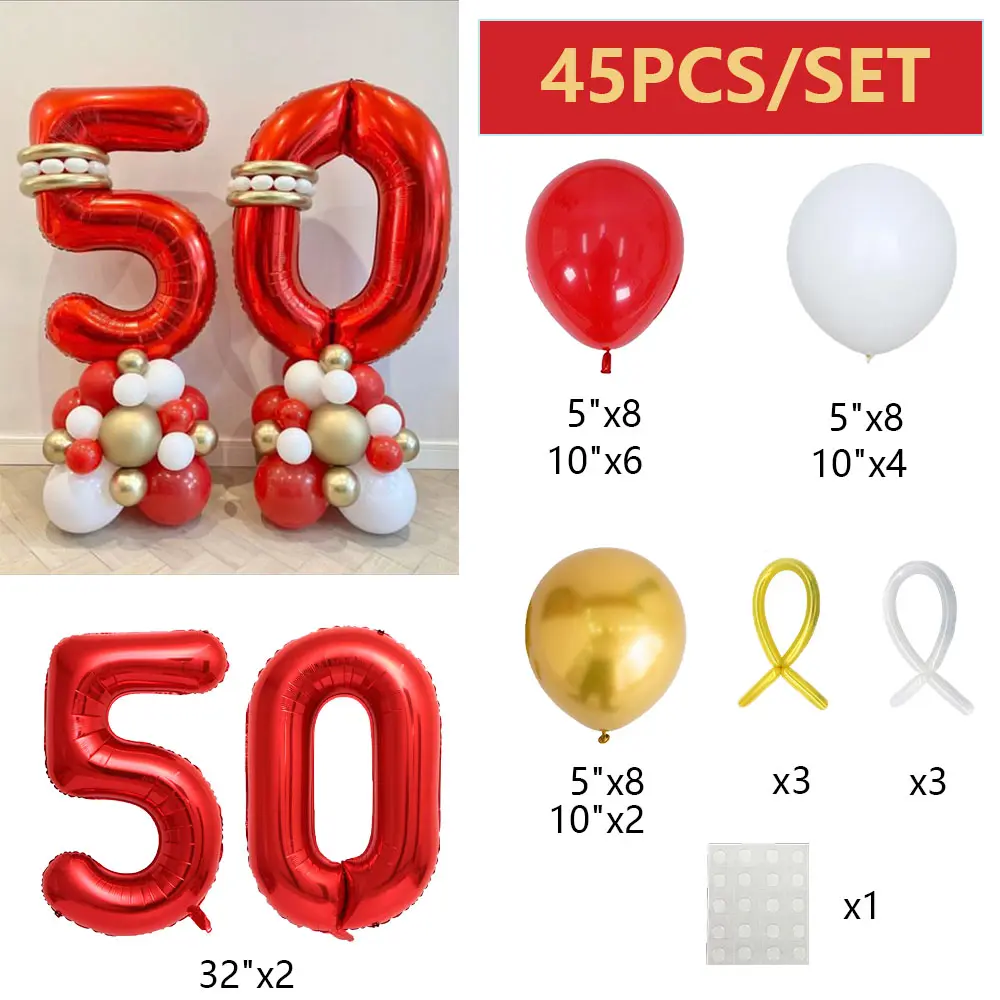 45Pcs Gold Red White Balloon Set 32inch Red Number Aluminum Foil Ballons  Birthday Globos 10 20 30 40 50th Birthday Decor