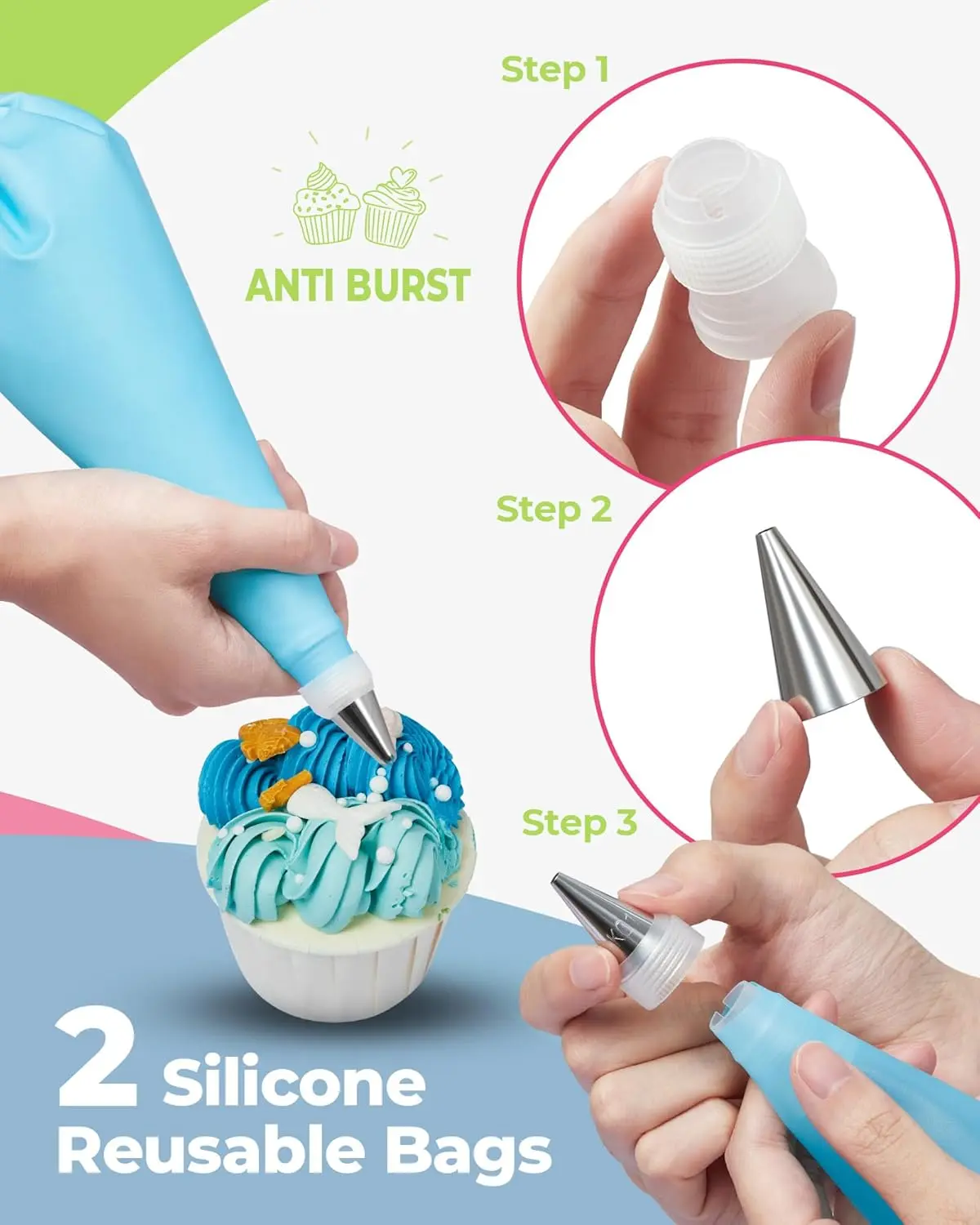 50PCS Piping Bags Cake Decorating Tools Kit Reusable Silicone Pastry Bag Stainless Steel Nozzle Piping Nozzles DIY Baking Tools
