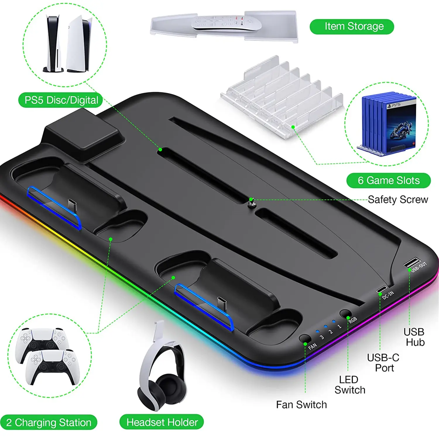 PS5 Stand and Turbo Cooling Station with Controller Charging Station for Playsation 5 Digital/Disc,RGB Light, Headset Holder