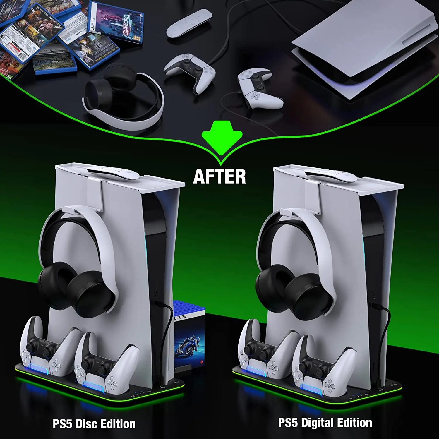 PS5 Stand and Turbo Cooling Station with Controller Charging Station for Playsation 5 Digital/Disc,RGB Light, Headset Holder