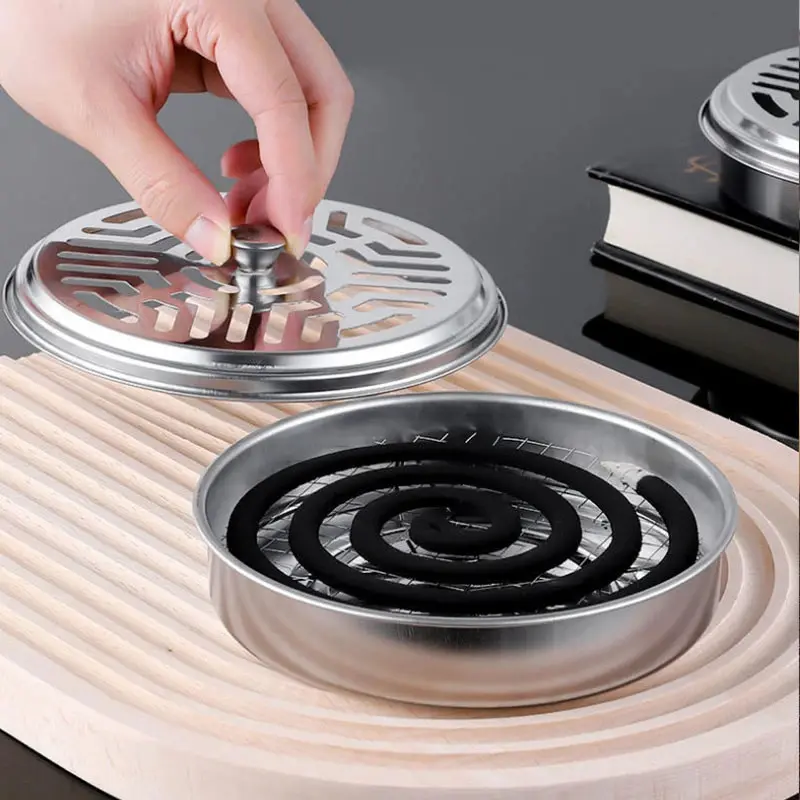 Mosquito Coils Holder Stainless Steel Mosquito Coil Box with Cover Round Mosquito Coil Tray Easy To Clean Anti-Mosquito Supplies