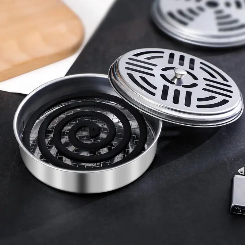 Mosquito Coils Holder Stainless Steel Mosquito Coil Box with Cover Round Mosquito Coil Tray Easy To Clean Anti-Mosquito Supplies