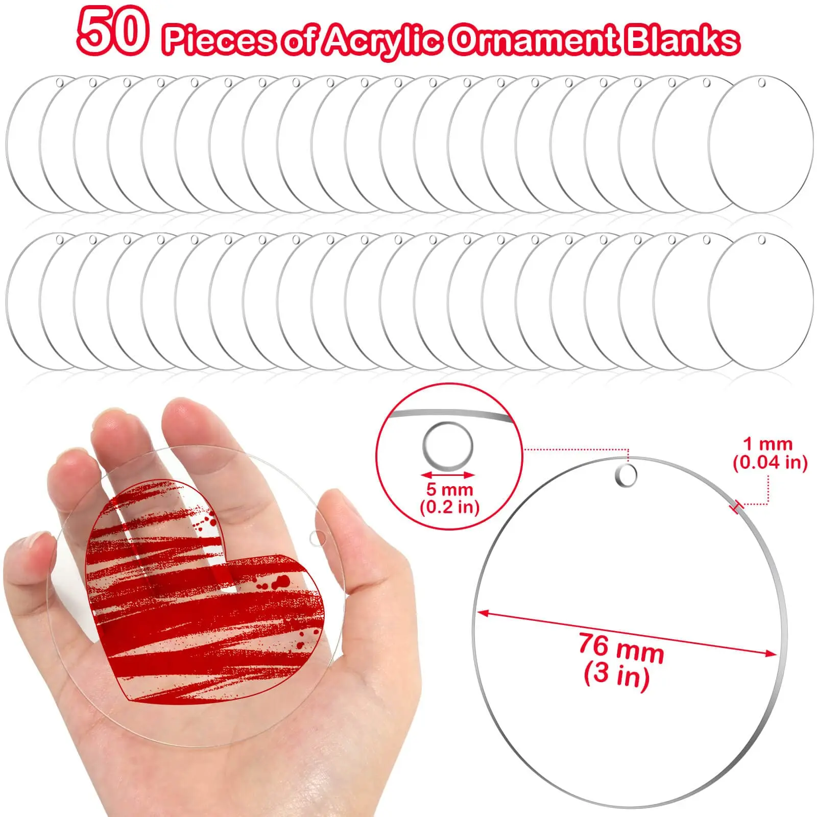 50pcs Acrylic Ornament Blanks, 3 Inch Round Circle Acrylic Blanks Bulk for Vinyl Clear Acrylic Discs Keychain with Hole