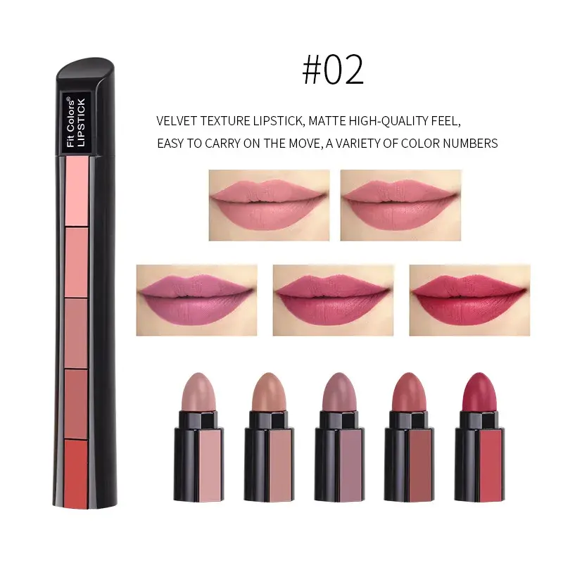 5 In 1 Lipstick Combination Strip Matte Velvet High Color Rendering Lipstick Pen Long Lasting Waterproof Nonstick Cup Lipstick
