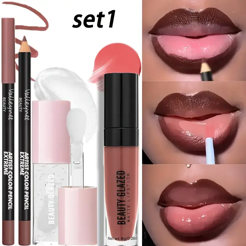 3pcs/Set Lip Gloss & Lip Liner Set Matte Longlasting Waterproof Lip Kit Natural Nude Liquid Lipstick with Lip Liner Combo