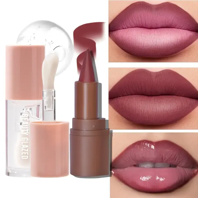 2pcs Set - Matte Nude Lipstick + Hydrating Lip Oil Lip Care Waterproof Lip Care Lip Oil, Lip Gloss Set Lip Makeup Combo