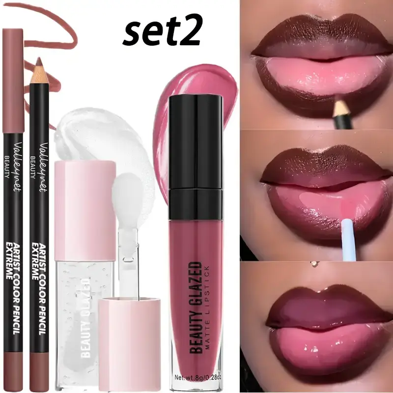 3pcs/Set Lip Gloss & Lip Liner Set Matte Longlasting Waterproof Lip Kit Natural Nude Liquid Lipstick with Lip Liner Combo