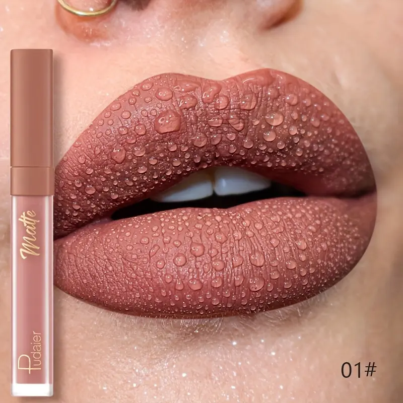Pudaier Velvet Lip Glaze Matte Finish Deep Brown with Golden Accents Long-Lasting Waterproof Smudgeproof Lightweight Lip Stain