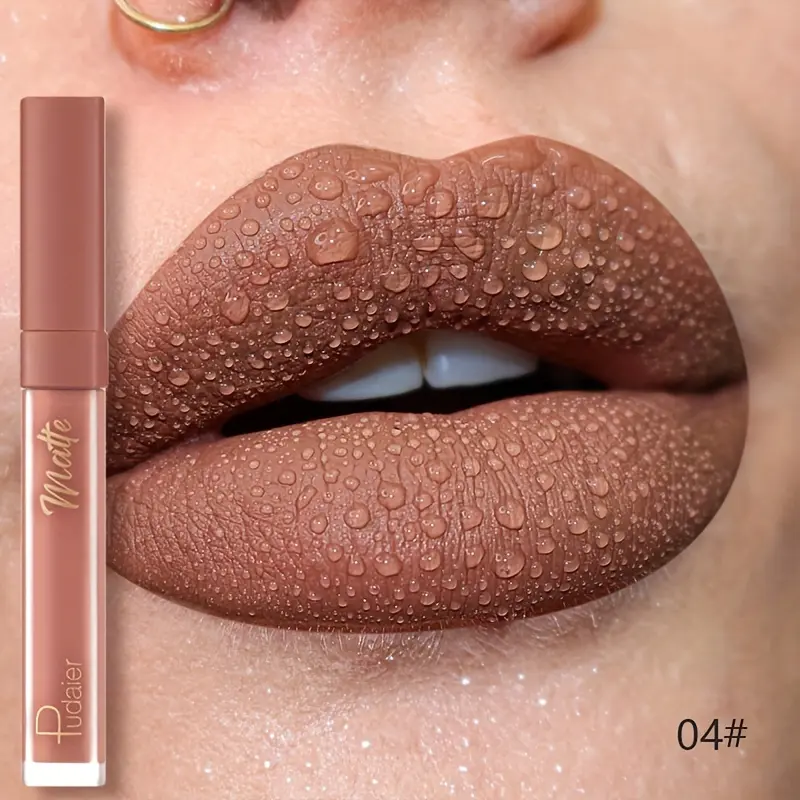 Pudaier Velvet Lip Glaze Matte Finish Deep Brown with Golden Accents Long-Lasting Waterproof Smudgeproof Lightweight Lip Stain