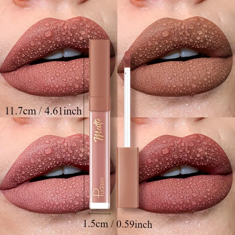 Pudaier Velvet Lip Glaze Matte Finish Deep Brown with Golden Accents Long-Lasting Waterproof Smudgeproof Lightweight Lip Stain