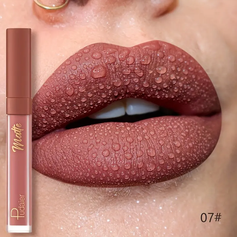 Pudaier Velvet Lip Glaze Matte Finish Deep Brown with Golden Accents Long-Lasting Waterproof Smudgeproof Lightweight Lip Stain