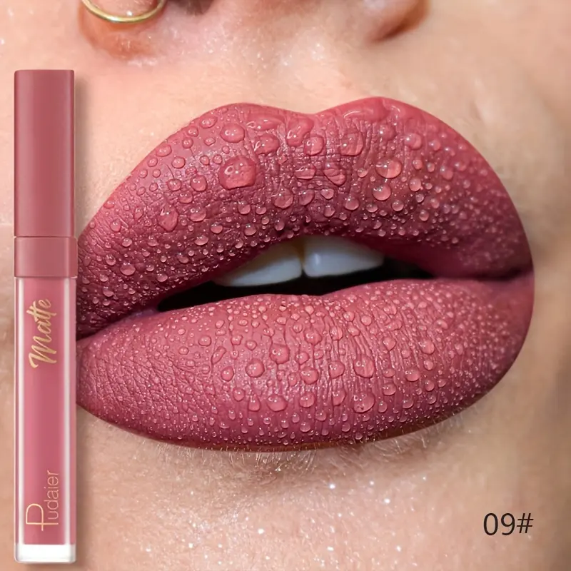 Pudaier Velvet Lip Glaze Matte Finish Deep Brown with Golden Accents Long-Lasting Waterproof Smudgeproof Lightweight Lip Stain