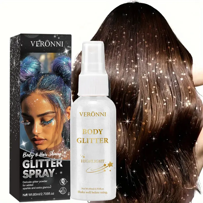 Glitter Spray Shimmer Glitter Hairspra for Hair Body,Silver Holographic Highlight Powder Spray for Party Perform Brighten Makeup