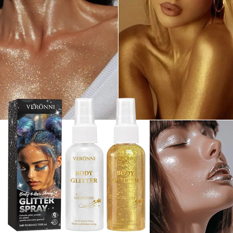 Glitter Spray Shimmer Glitter Hairspra for Hair Body,Silver Holographic Highlight Powder Spray for Party Perform Brighten Makeup