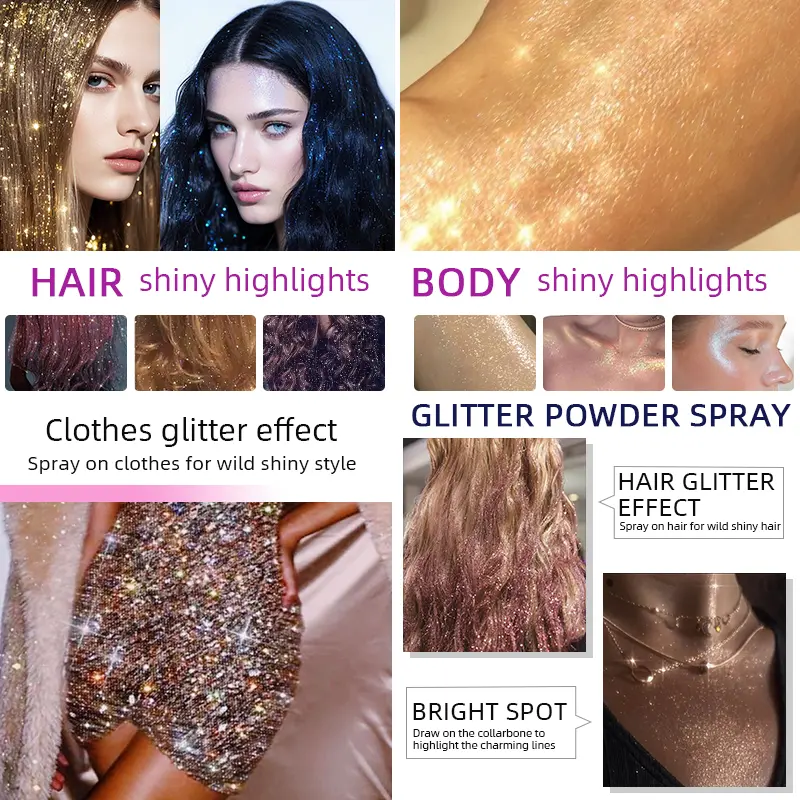 Glitter Spray Shimmer Glitter Hairspra for Hair Body,Silver Holographic Highlight Powder Spray for Party Perform Brighten Makeup