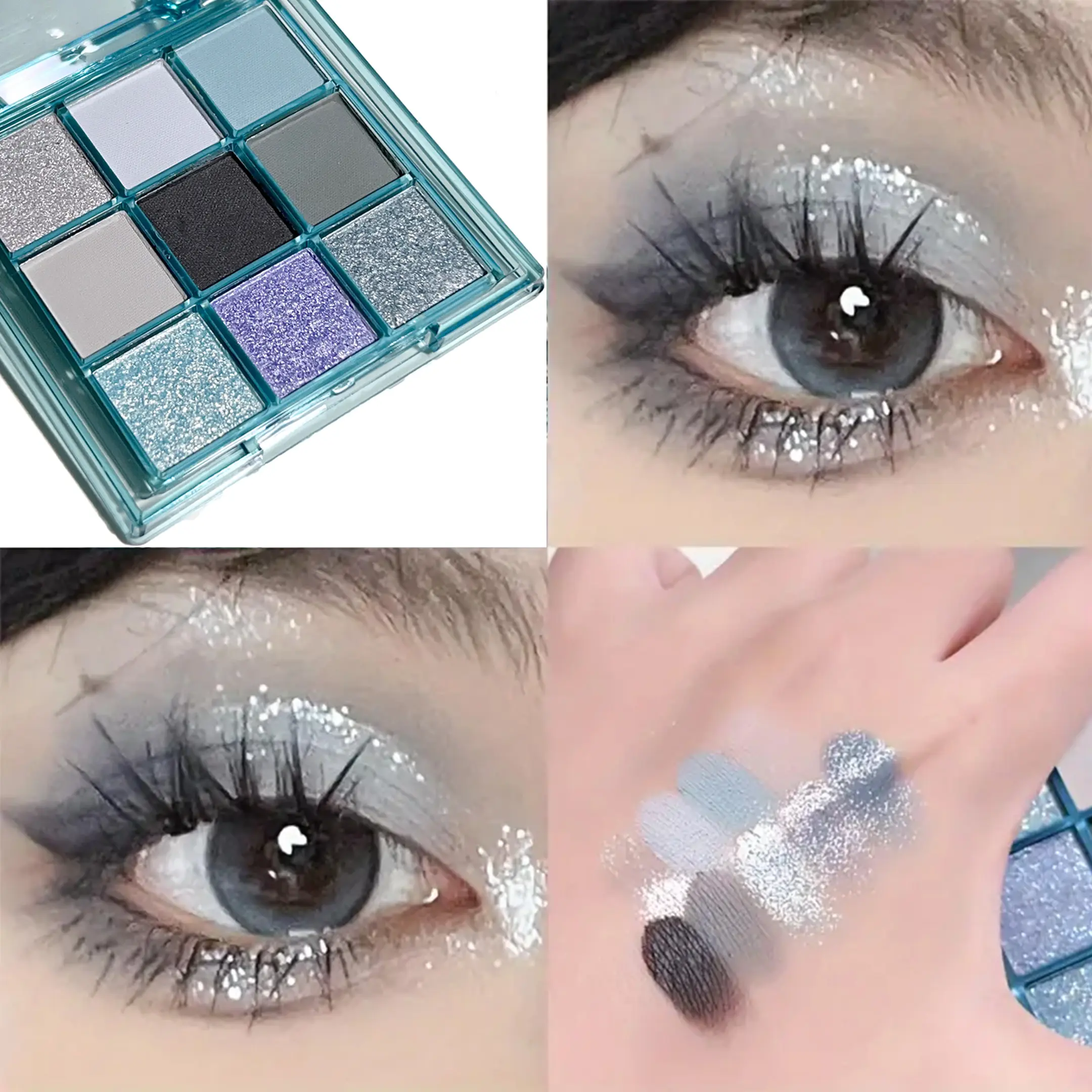 Blue Sky 9 color eyeshadow tray, matte pearlescent shimmery surface, waterproof and sweat resistant, long-lasting makeup, blue a