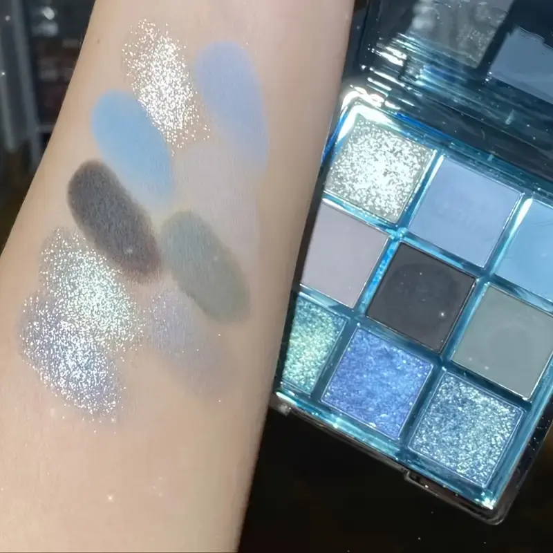 Blue Sky 9 color eyeshadow tray, matte pearlescent shimmery surface, waterproof and sweat resistant, long-lasting makeup, blue a