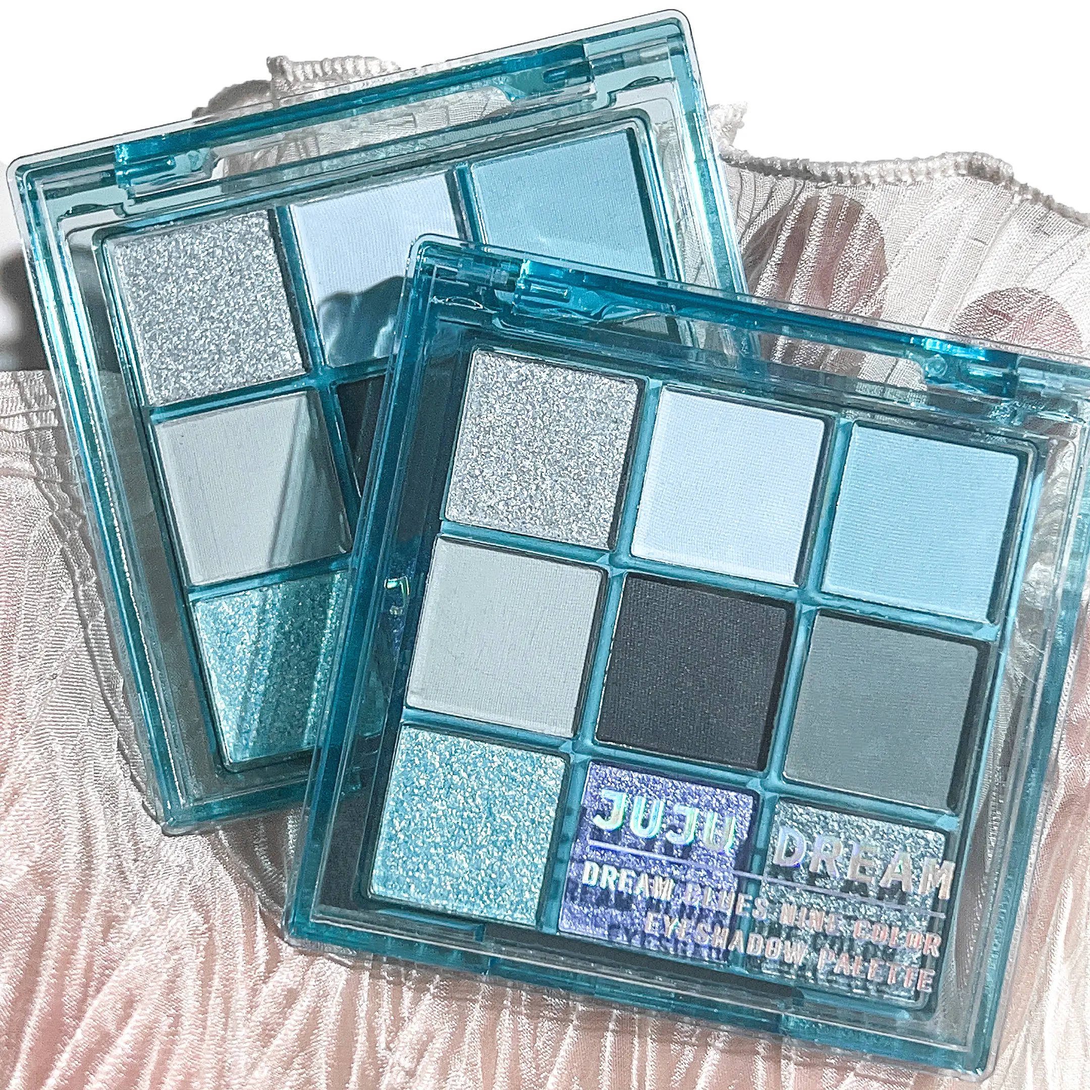 Blue Sky 9 color eyeshadow tray, matte pearlescent shimmery surface, waterproof and sweat resistant, long-lasting makeup, blue a